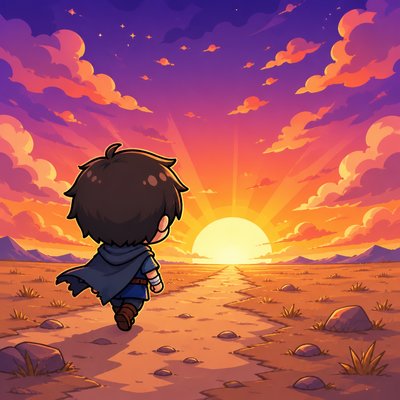 a solitary figure walking toward a glowing horizon across an empty plain, moody atmosphere, no text or lettering