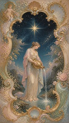 a robed figure pouring water beneath a large eight-pointed star in a night sky, symmetrical composition with an ornate decorative border, no text