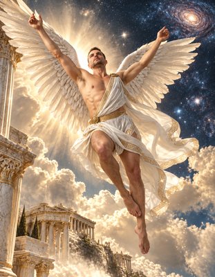 a painting of a man flying through the air