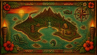 a map of an island realm with mountains, forests, a sheltered bay, sea monsters in the water and a compass rose, no text labels