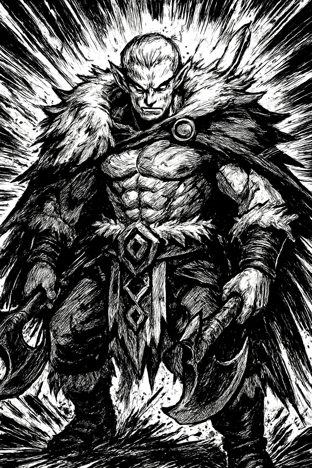 a black and white drawing of a man with a sword