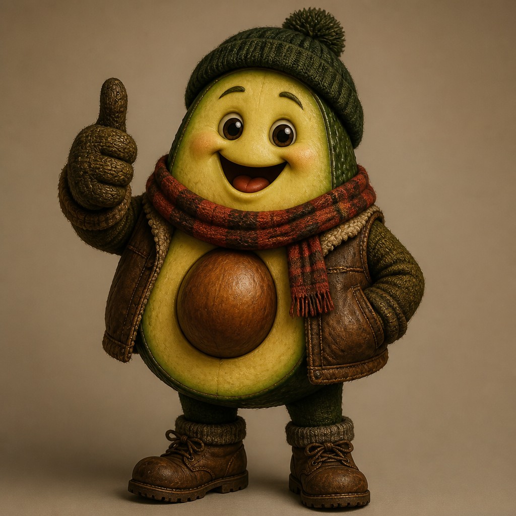 a happy avocado character giving a thumbs up, bold readable design on a plain background, no text