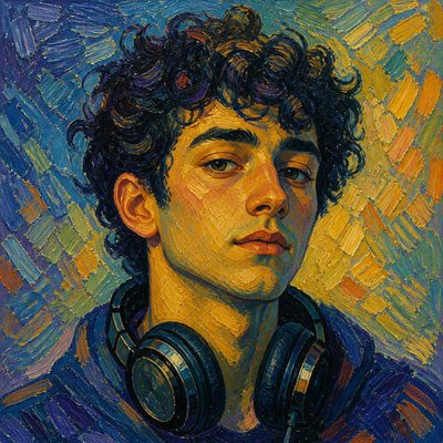 head-and-shoulders portrait of an original character: a young man with curly dark hair and headphones around his neck, plain backdrop, no text