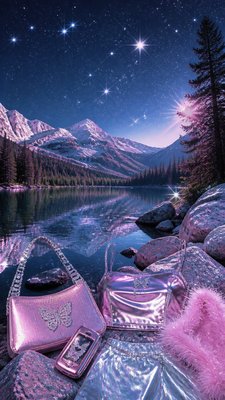a tranquil mountain lake beneath a starry night sky, no people, no text