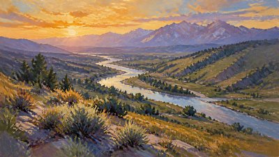 a vast valley with a river winding toward distant mountains at sunrise, no people, no text