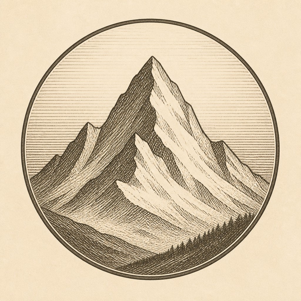 an emblem of a mountain peak inside a circle, simple bold shapes on a plain background, no text or lettering