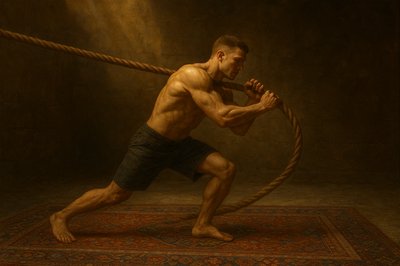 a painting of a man holding a rope
