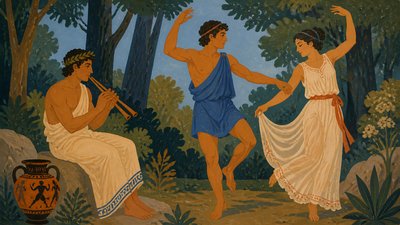 ancient greek musician playing the flute with a man and woman dancing in the forest 