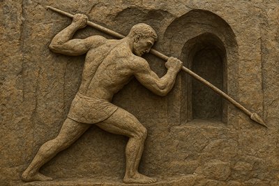 a statue of a man holding a spear and a shield