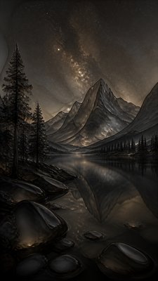 a tranquil mountain lake beneath a starry night sky, no people, no text