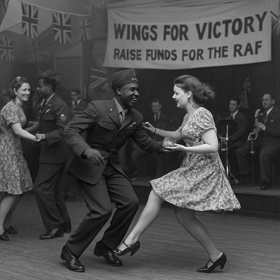 A historically accurate, high-quality black and white photograph from 1943. The scene is a bustling village hall in wartime Britain, decorated with Union Jack flags and a large banner reading, "Wings for Victory - Raise Funds for the RAF."

The focus is on several pairs of dancers on a wooden floor. The main subjects are smartly dressed African American airmen in USAAF uniforms dancing with British women wearing fashionable 1940s floral print dresses. They are engaged in an energetic and joyous moment of the Lindy Hop (or Jitterbug/Swing dancing), characterized by dynamic movement, big smiles, and one pair caught in a mid-air 'breakaway' or 'swing-out' move. In the background, a small jazz band featuring a drummer and saxophone player is visible on a low stage. The atmosphere is warm, integrated, and full of the energy of an exciting, new dance style.