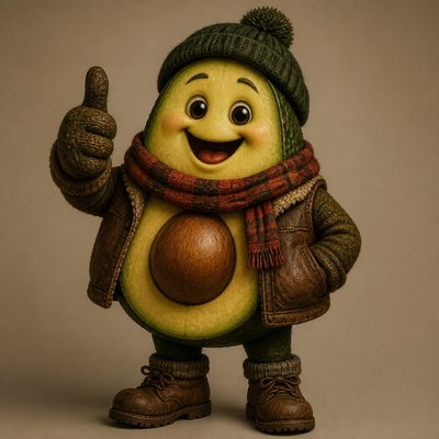 a happy avocado character giving a thumbs up, bold readable design on a plain background, no text