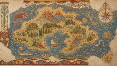 a map of an island realm with mountains, forests, a sheltered bay, sea monsters in the water and a compass rose, no text labels
