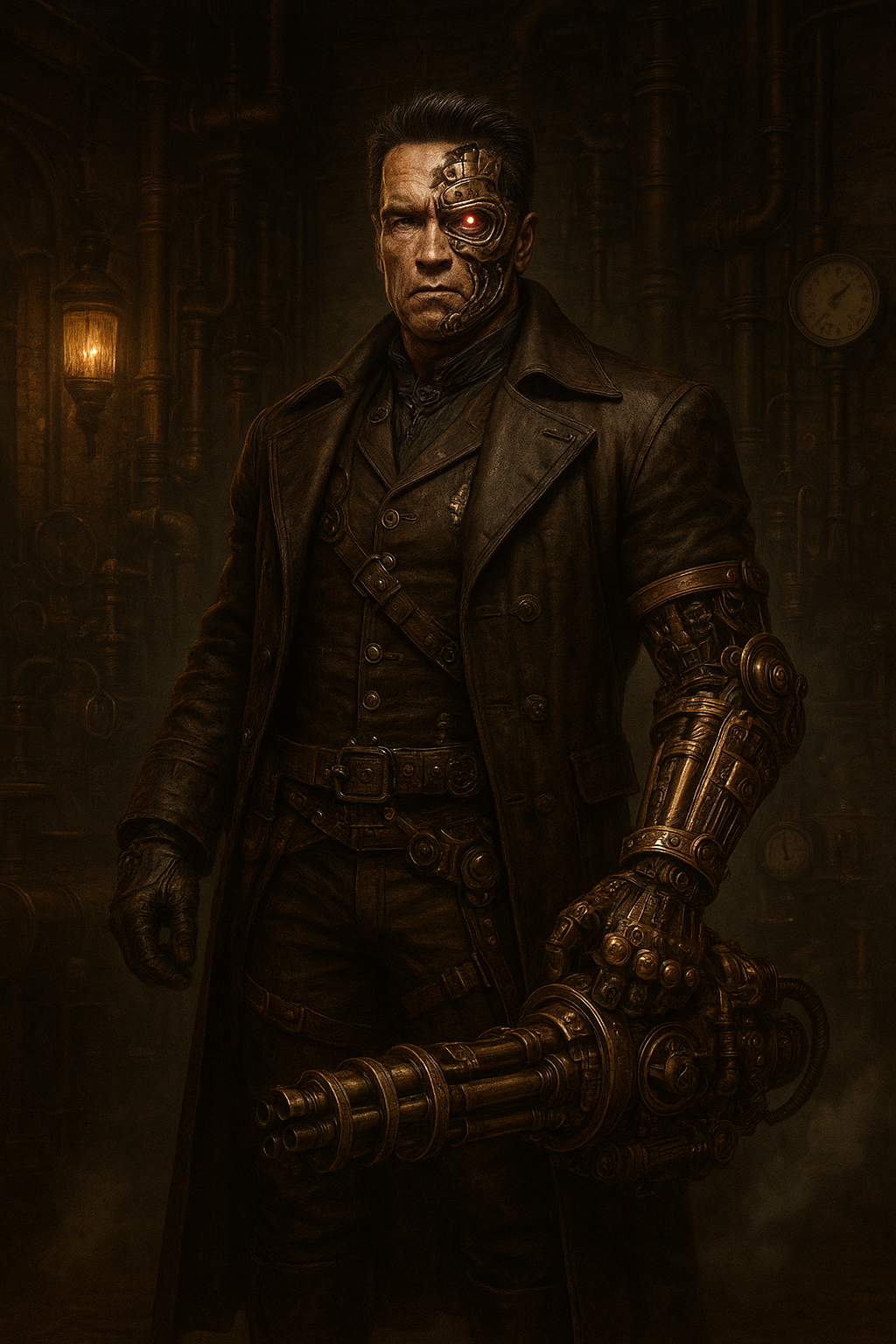 "A dramatic, full-body portrait of Arnold Schwarzenegger as a Steampunk Terminator, standing powerfully in a dimly lit, richly detailed Victorian-era workshop. Arnold's iconic Terminator face is visible, with a glowing red eye, partially obscured by an intricate, metallic eyepatch and visible cybernetic components around his neck and face. He wears a heavy, dark brown leather duster coat over a tailored waistcoat and trousers, all adorned with brass buckles, gears, and leather straps. His left arm is a formidable steampunk prosthetic, crafted from polished brass, copper, and exposed gears, ending in a massive, Gatling-gun-like weapon integrated into the forearm. His right hand wears a finely detailed leather glove with metallic accents. The background of the workshop is filled with vintage machinery, pressure gauges, steam pipes, exposed brick walls, and the soft glow of gas lamps, casting long shadows. Smoke or steam gently drifts through the air, adding to the atmospheric industrial setting. The overall aesthetic is gritty, sophisticated, and perfectly blends the sci-fi elements of the Terminator with the intricate mechanical beauty of steampunk