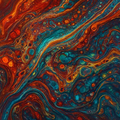 an abstract painting with many colors and shapes