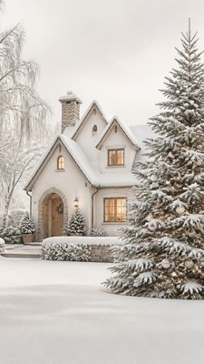 a snow-covered cottage with warm glowing windows beside a decorated pine tree, gentle snowfall, no text