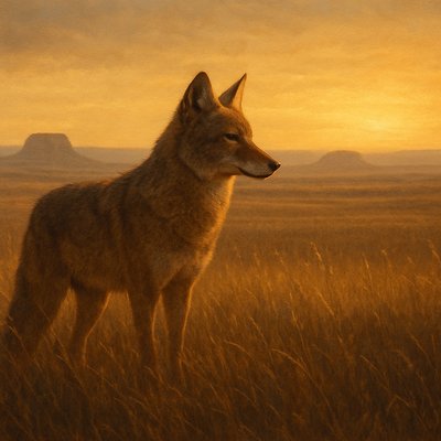 Realism Art Style, Tonalism Art Style, A solitary coyote, alert and focused, standing amidst tall, swaying prairie grasses at golden hour. The setting sun casts a warm, ethereal glow and illuminates its fur in rich amber and russet tones. Vast, rolling plains, subtle ancient buttes in the distance, serene atmosphere.
