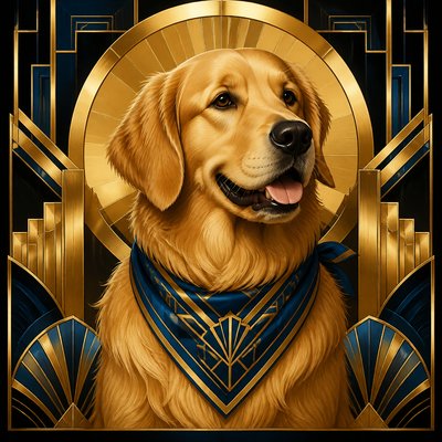 portrait of a golden retriever wearing a blue bandana, warm plain backdrop, no text