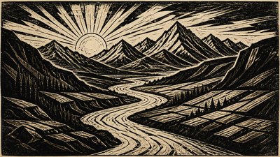 a vast valley with a river winding toward distant mountains at sunrise, no people, no text