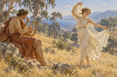 Orpheus plays the harp while and Eurydice dances 