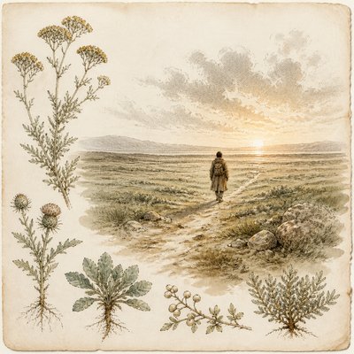 a solitary figure walking toward a glowing horizon across an empty plain, moody atmosphere, no text or lettering