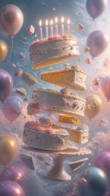 a birthday cake with lit candles surrounded by balloons and confetti, festive vertical composition, no text