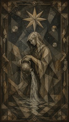 a robed figure pouring water beneath a large eight-pointed star in a night sky, symmetrical composition with an ornate decorative border, no text