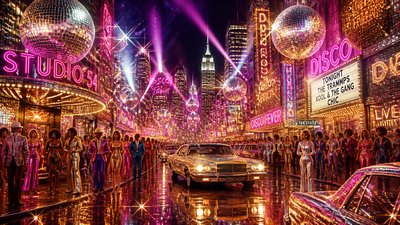 bustling city street panorama at dusk