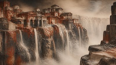 a cliffside city with waterfalls cascading into a misty canyon, wide establishing shot, no people, no text