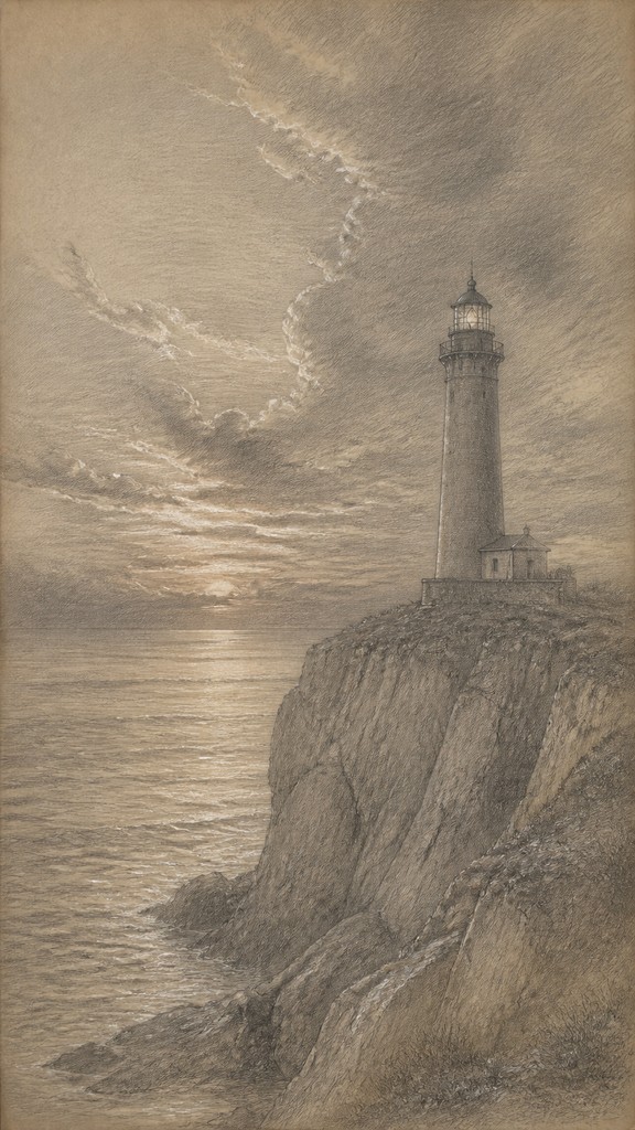 a lone lighthouse on a cliff at dusk under a dramatic sky, no text or lettering