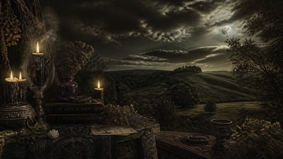rolling hills with scattered trees under a big dramatic sky, no people