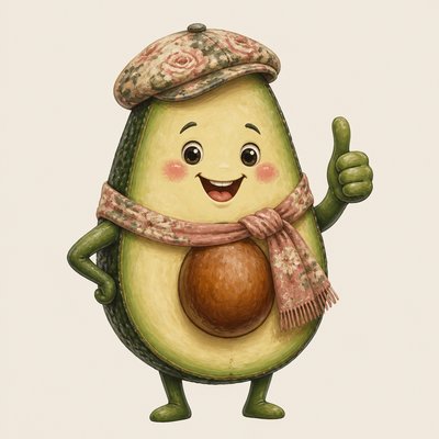 a happy avocado character giving a thumbs up, bold readable design on a plain background, no text