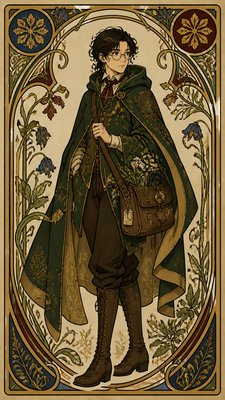 full-body original character: a wandering botanist with a satchel of plants, a patched green cloak, tall boots and round glasses, neutral background