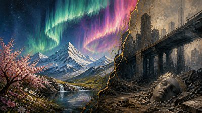 a flowing aurora over snowy peaks, wide sweeping composition, no people, no text