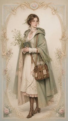 full-body original character: a wandering botanist with a satchel of plants, a patched green cloak, tall boots and round glasses, neutral background