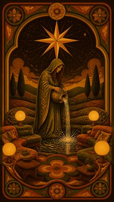 a robed figure pouring water beneath a large eight-pointed star in a night sky, symmetrical composition with an ornate decorative border, no text