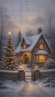 a snow-covered cottage with warm glowing windows beside a decorated pine tree, gentle snowfall, no text