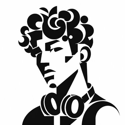 head-and-shoulders portrait of an original character: a young man with curly dark hair and headphones around his neck, plain backdrop, no text