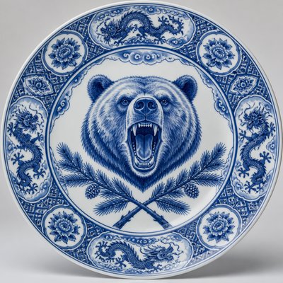 a roaring bear head above crossed pine branches, bold graphic composition on a plain background, no text