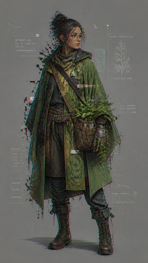 full-body original character: a wandering botanist with a satchel of plants, a patched green cloak, tall boots and round glasses, neutral background