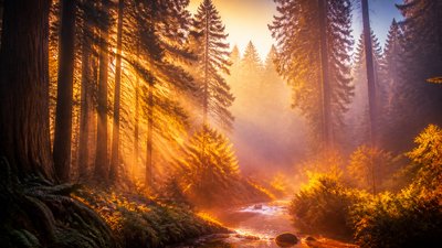 a panoramic redwood forest with light rays through mist, no people