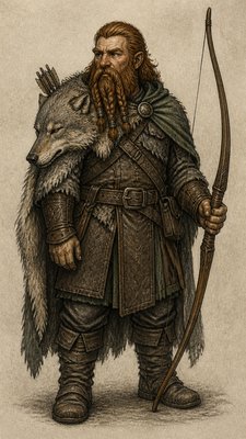 full-body original character: a dwarven ranger with a braided auburn beard, worn leather armor, a longbow and a wolf-pelt cloak, neutral background, no text