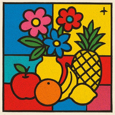 still life arrangement of fruits and flowers