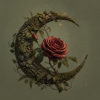 a rose entwined with a crescent moon, clean balanced composition on a plain background, no text