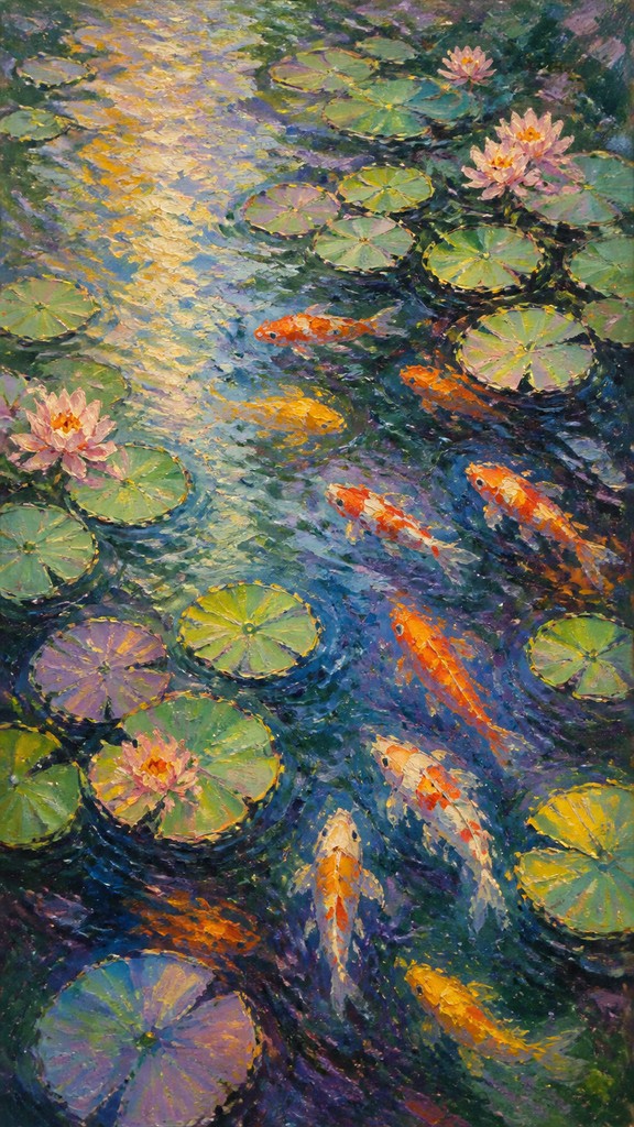 a koi pond with lily pads seen from above, no people