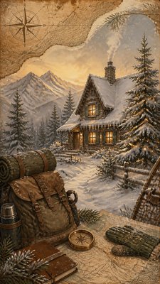a snow-covered cottage with warm glowing windows beside a decorated pine tree, gentle snowfall, no text