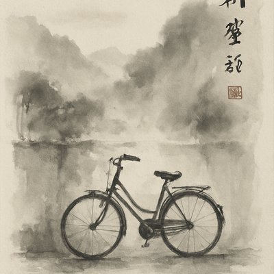 bicyle resting against a wall