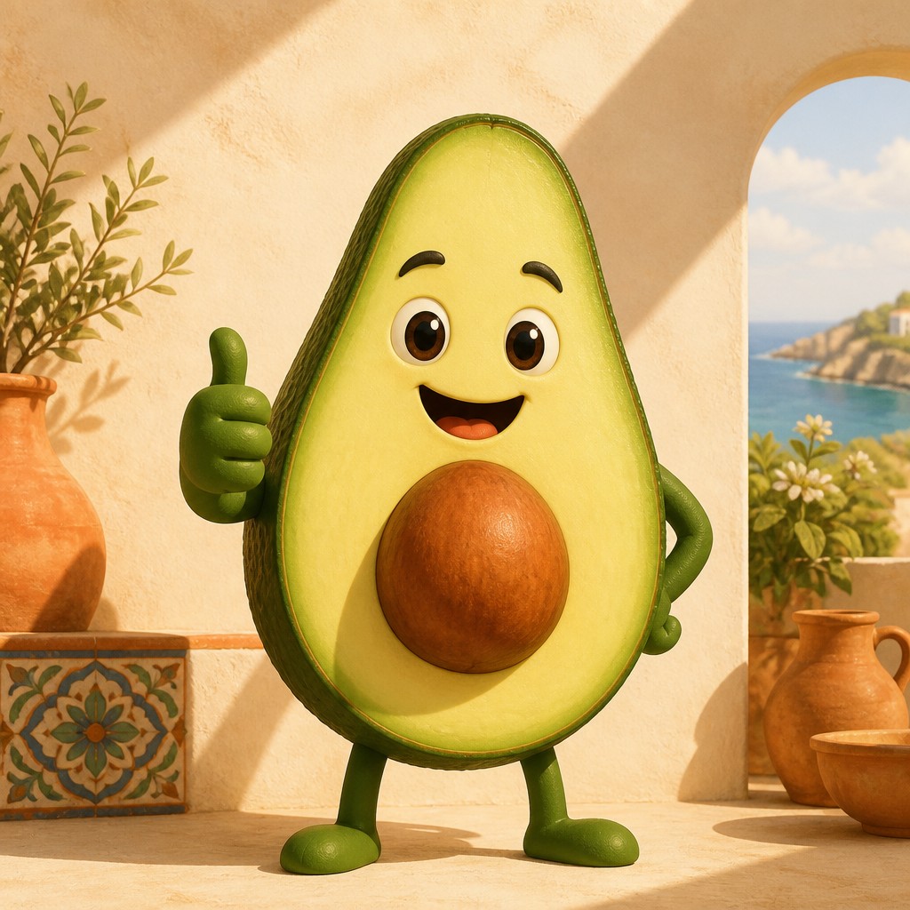a happy avocado character giving a thumbs up, bold readable design on a plain background, no text
