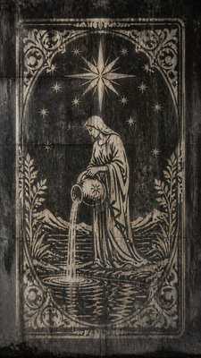 a robed figure pouring water beneath a large eight-pointed star in a night sky, symmetrical composition with an ornate decorative border, no text