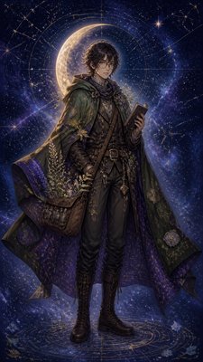 full-body original character: a wandering botanist with a satchel of plants, a patched green cloak, tall boots and round glasses, neutral background